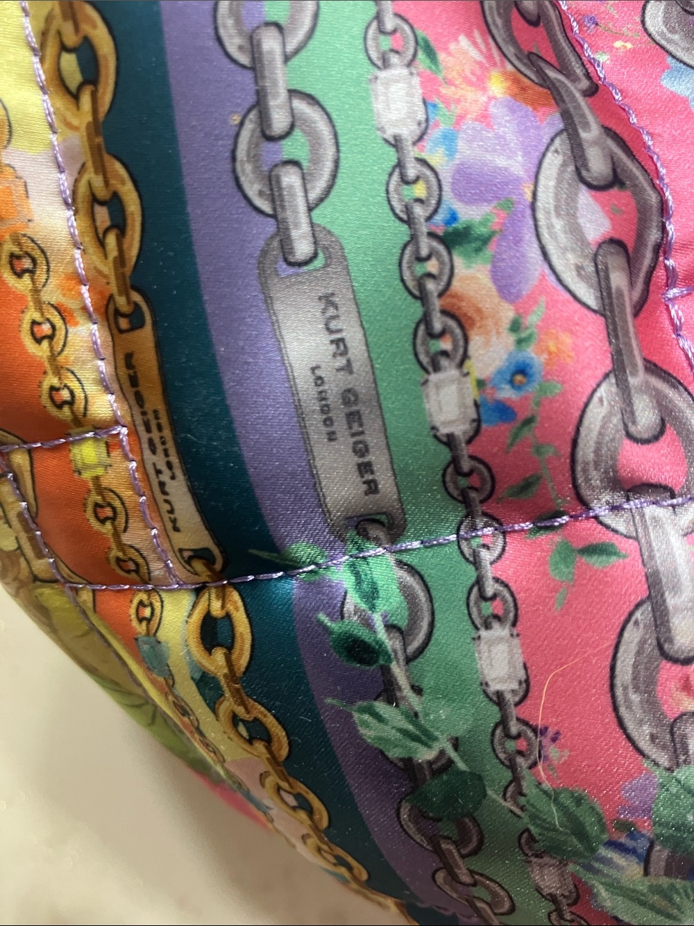 Kurt Geiger Lavender Trim Multicolor Quilted Chain-Print Tote - Picture 12 of 12